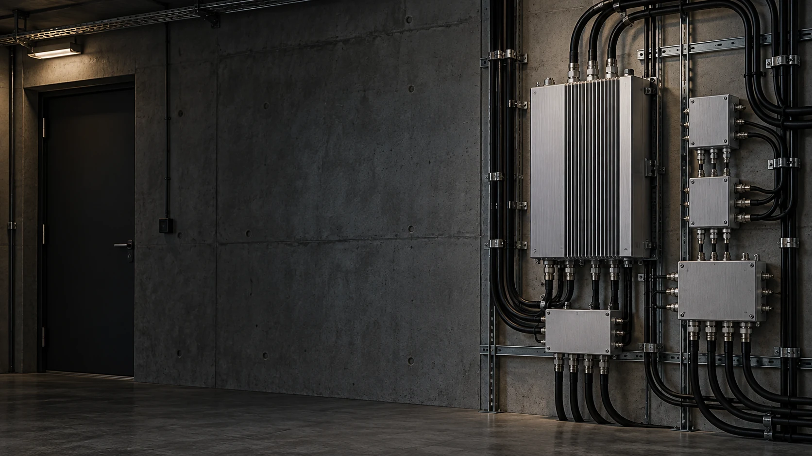 montierte Funktechnik mit HF-Anschlüssen und Kabelzuführungen an einer Gebäudewand